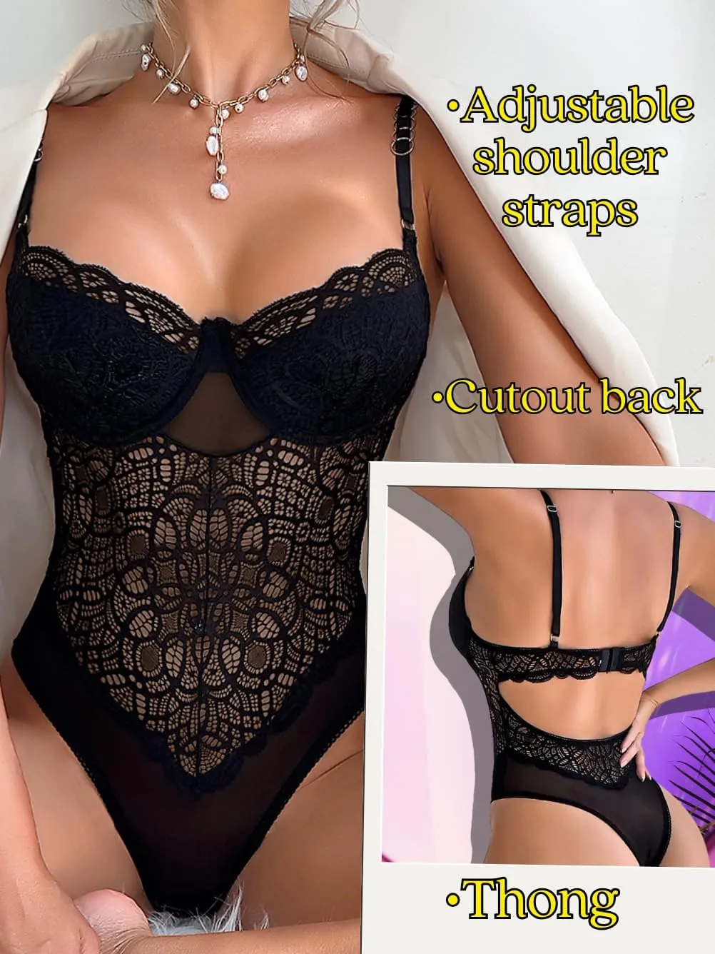 Floral Lace Bodysuit Lingerie,High Cut Sexy Body Suits Women,Sheer Mesh Corset Tops Date Night Club