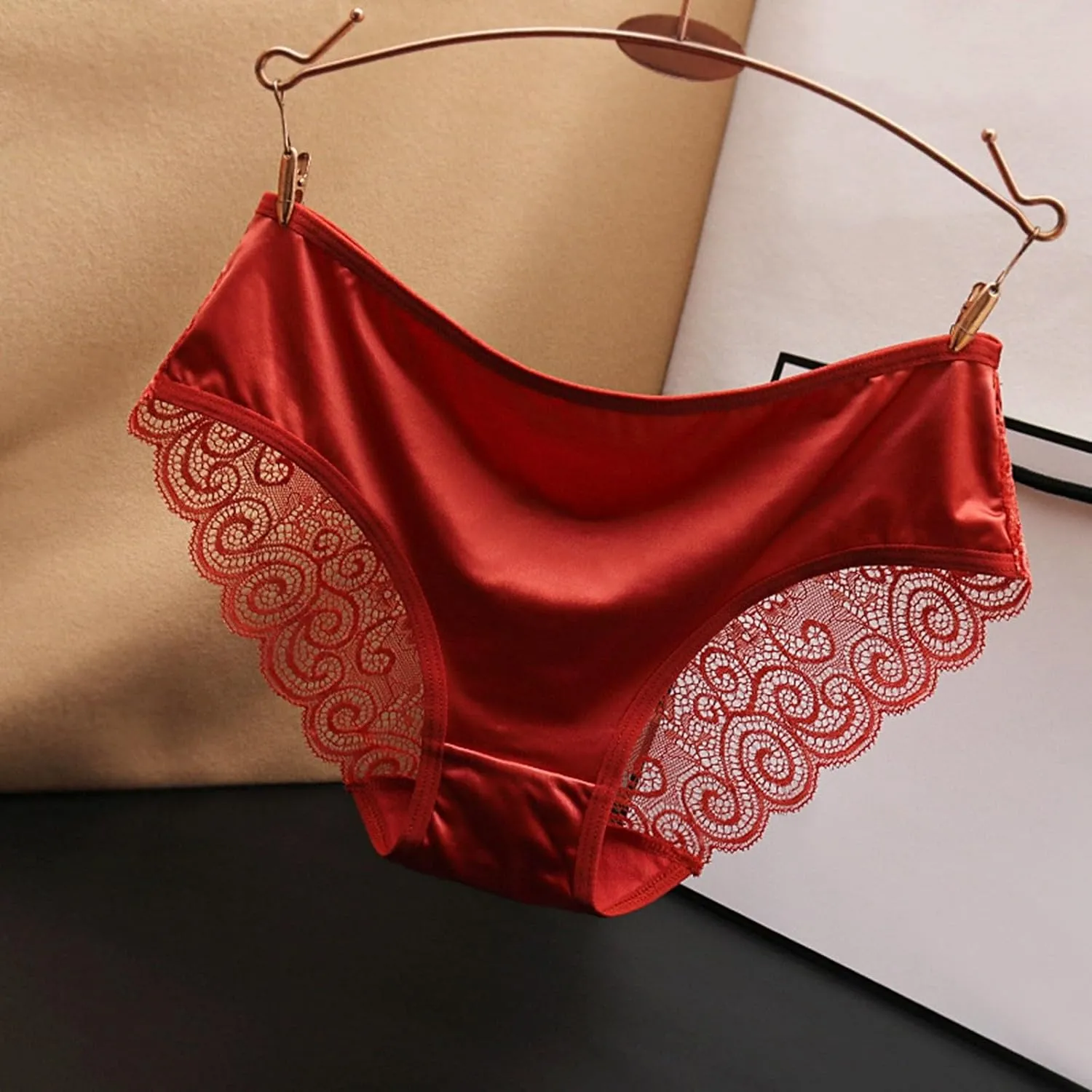 Franterd Seamless Satin Underwear for Women Mesh Lace Low Waist No Show Panties Ladies Lace Bikini Cheeky Hipster Briefs
