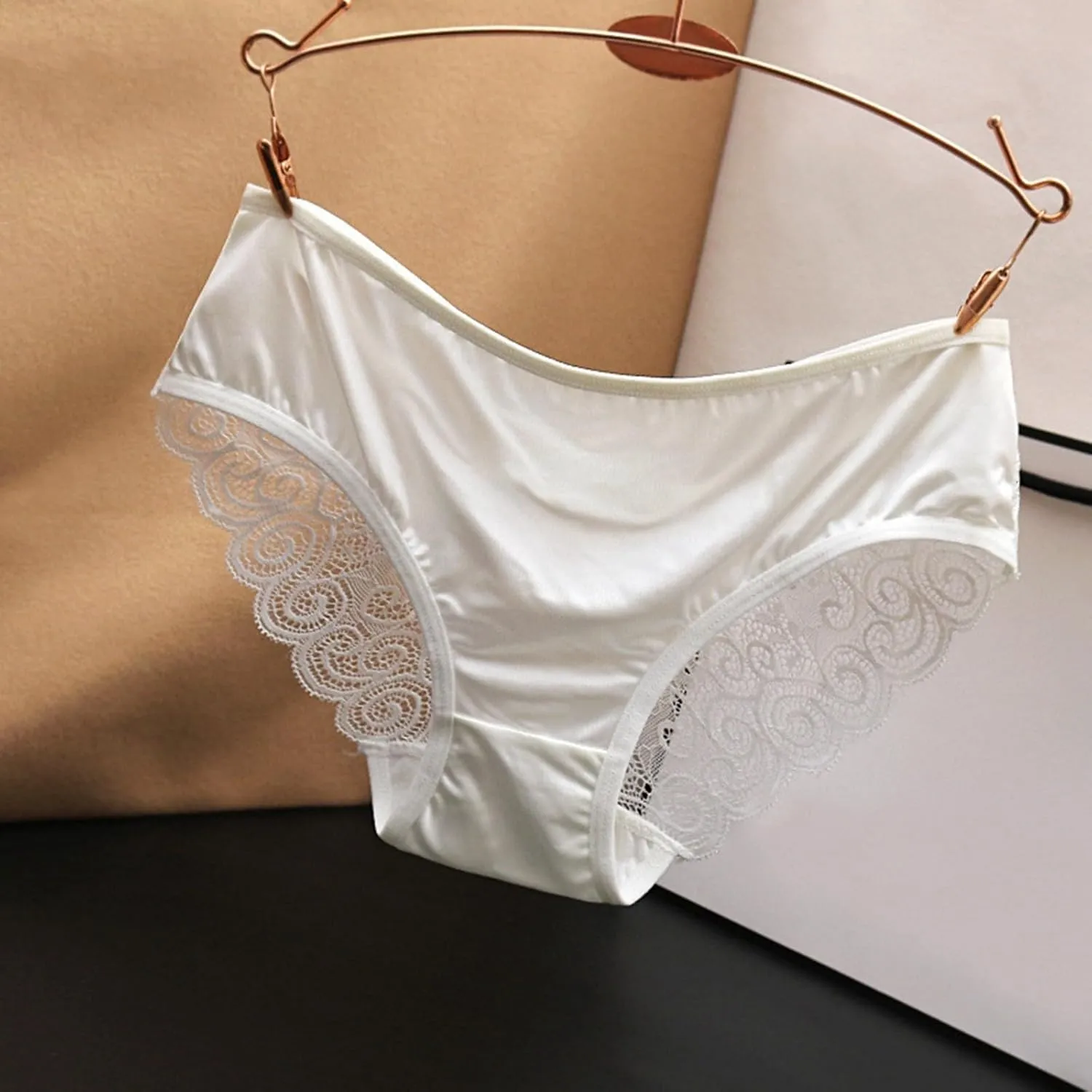 Franterd Seamless Satin Underwear for Women Mesh Lace Low Waist No Show Panties Ladies Lace Bikini Cheeky Hipster Briefs
