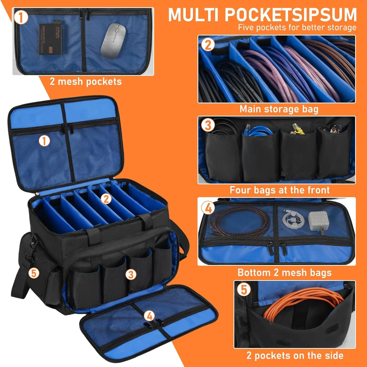 Gig Band Cable File Bag With Adjustable Dividers Dj Gig Bag for Cables, Cords,DJ Gear,Sound Instrument and Accessories 16L x 11W x 12H inch, Blue