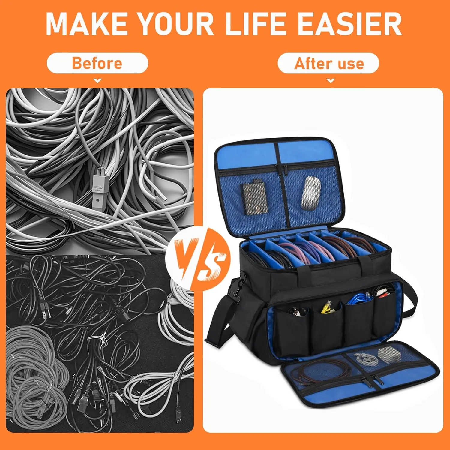 Gig Band Cable File Bag With Adjustable Dividers Dj Gig Bag for Cables, Cords,DJ Gear,Sound Instrument and Accessories 16L x 11W x 12H inch, Blue