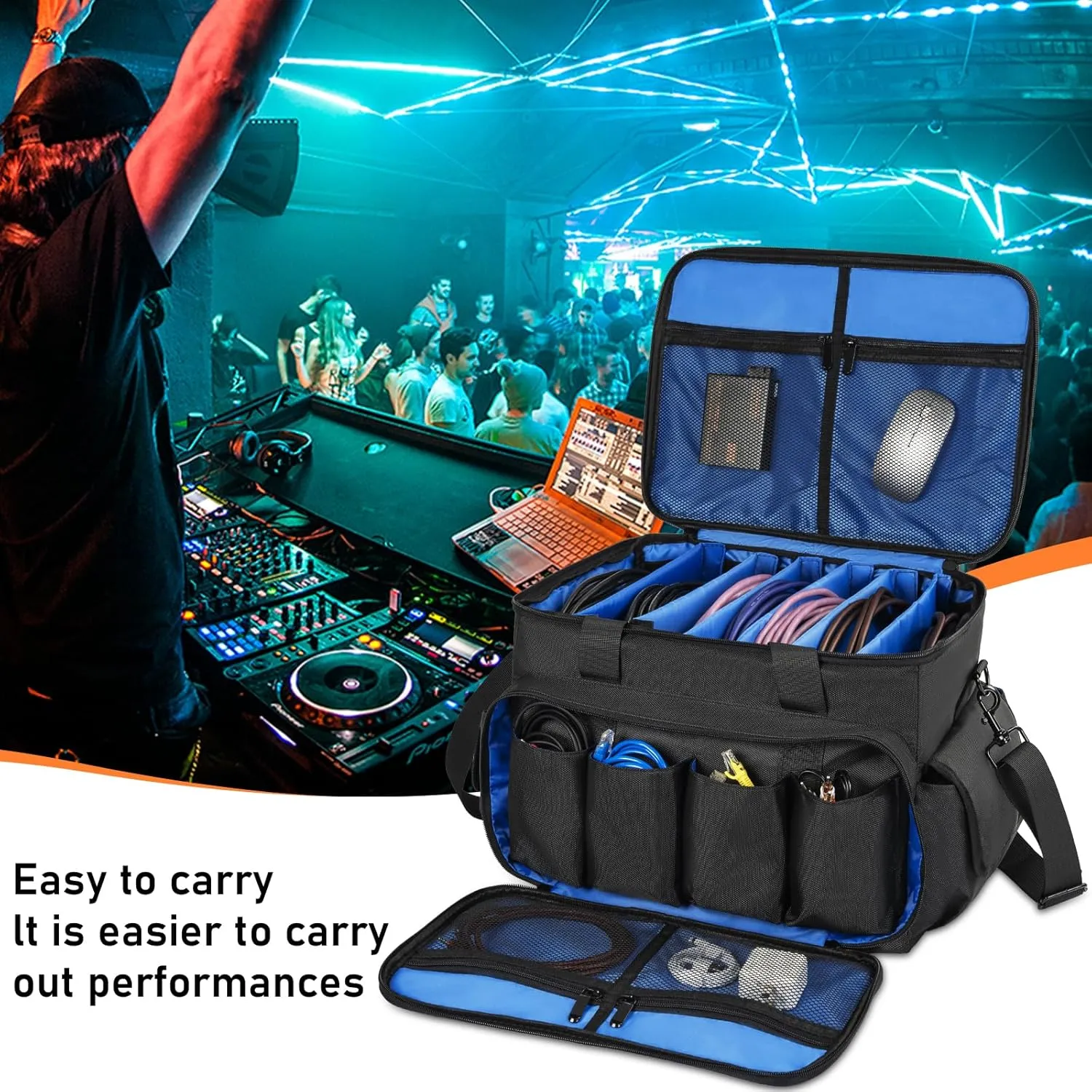 Gig Band Cable File Bag With Adjustable Dividers Dj Gig Bag for Cables, Cords,DJ Gear,Sound Instrument and Accessories 16L x 11W x 12H inch, Blue