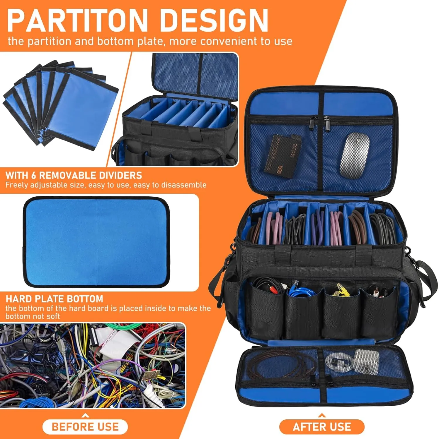 Gig Band Cable File Bag With Adjustable Dividers Dj Gig Bag for Cables, Cords,DJ Gear,Sound Instrument and Accessories 16L x 11W x 12H inch, Blue