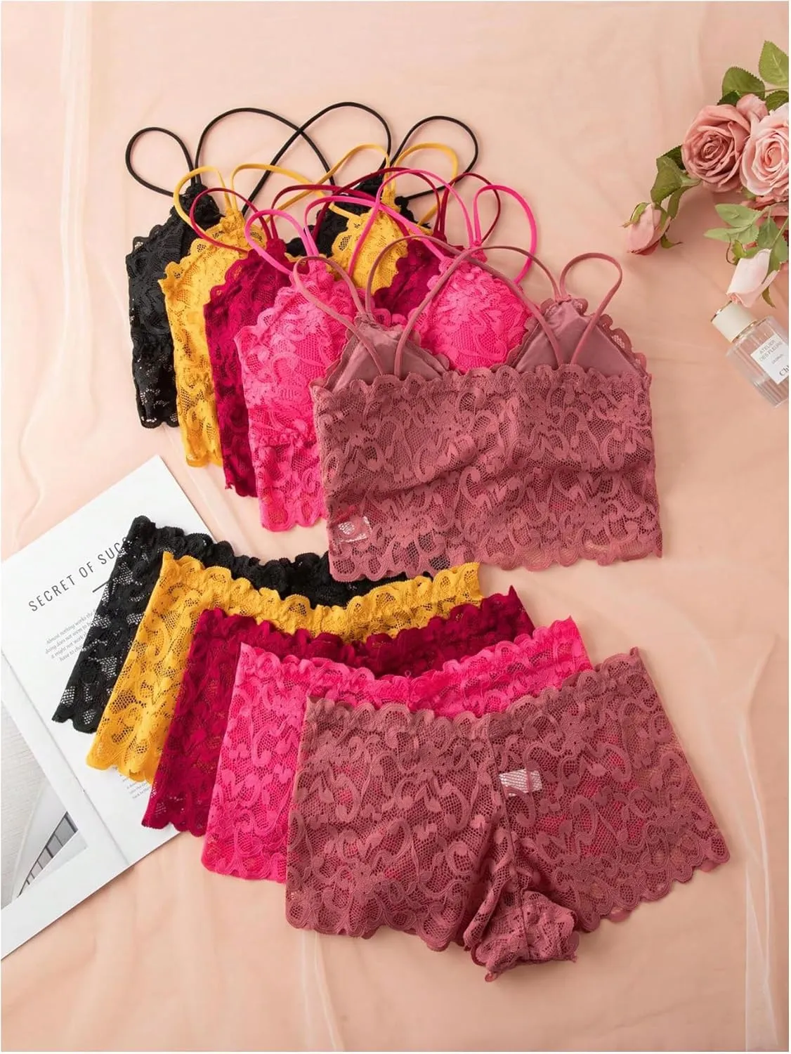 GORGLITTER Women's Sexy Lace Lingerie Padded Bralette Matching Bra and Panty Sets