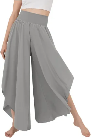 Gumipy Women Flowy Ruffle Wide Leg Pants High Waisted Elastic Waistband Palazzo Pants Flare Yoga Pants Soft Pilates Pants