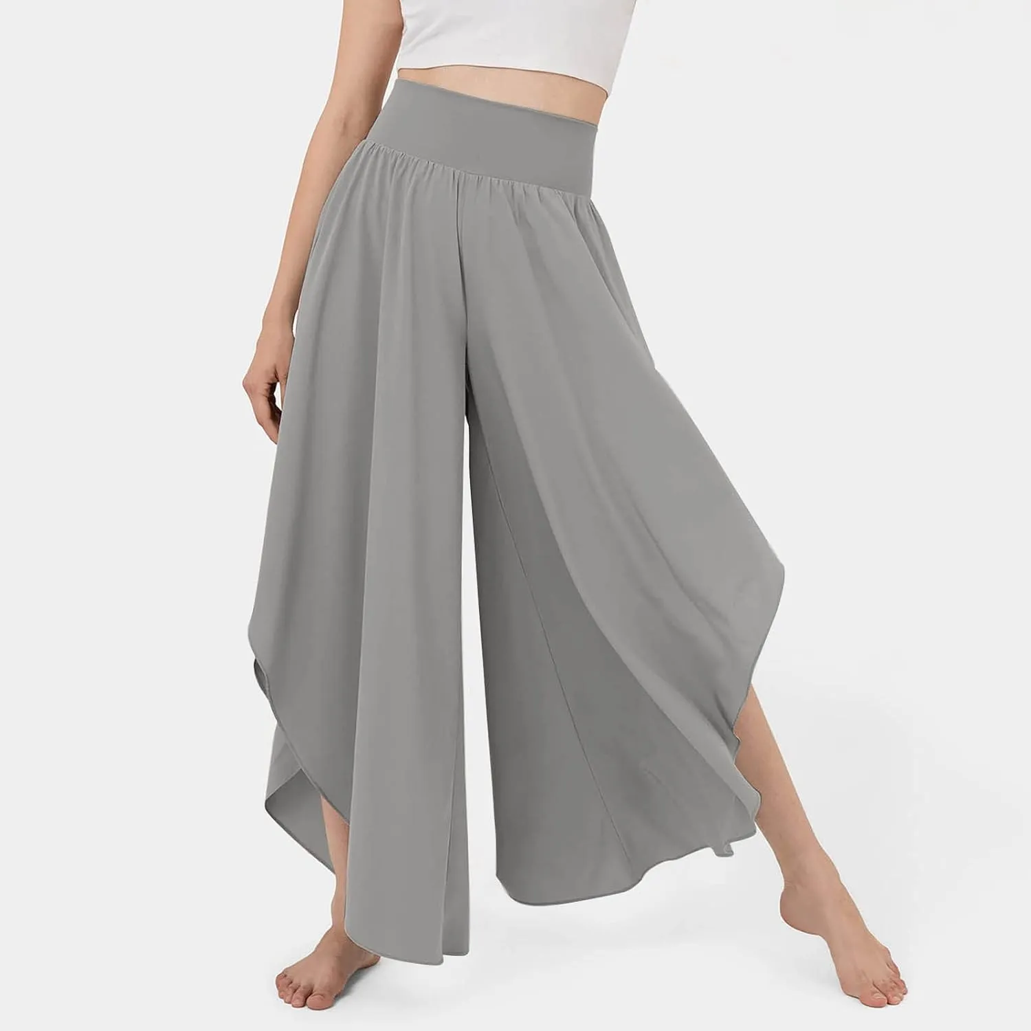Gumipy Women Flowy Ruffle Wide Leg Pants High Waisted Elastic Waistband Palazzo Pants Flare Yoga Pants Soft Pilates Pants