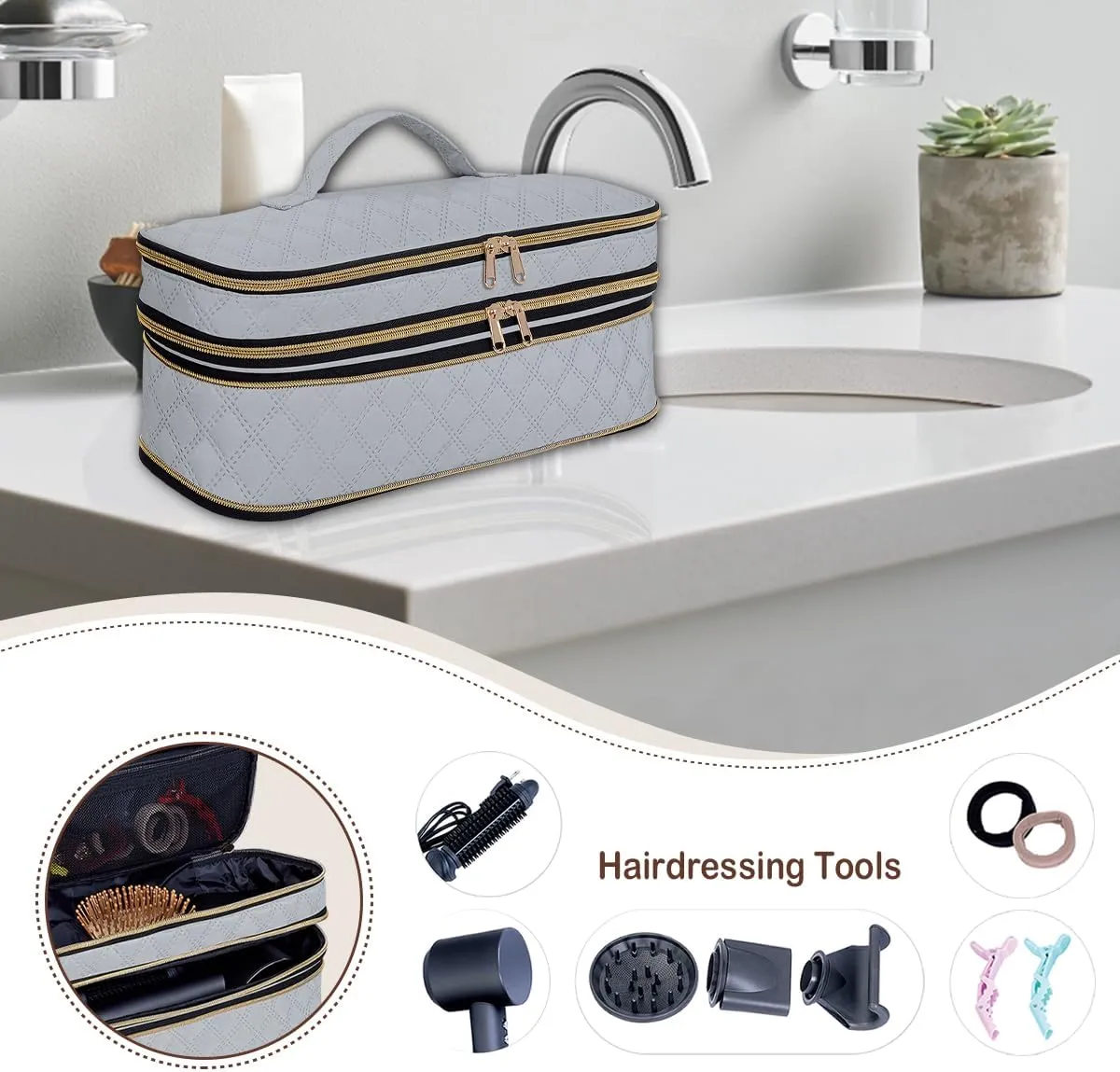 Hair Dryer Travel Carrying Case, Curling Iron Storage Bag, Slim Expandable Handheld Dual-Layer Travel Storage Bag for Dryer/Hair Tool Organizer/Style Organizer