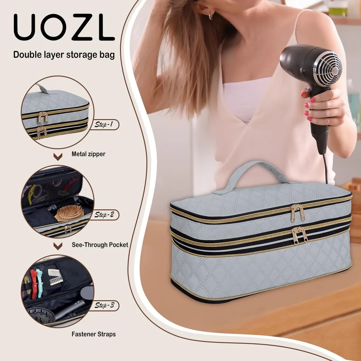 Hair Dryer Travel Carrying Case, Curling Iron Storage Bag, Slim Expandable Handheld Dual-Layer Travel Storage Bag for Dryer/Hair Tool Organizer/Style Organizer