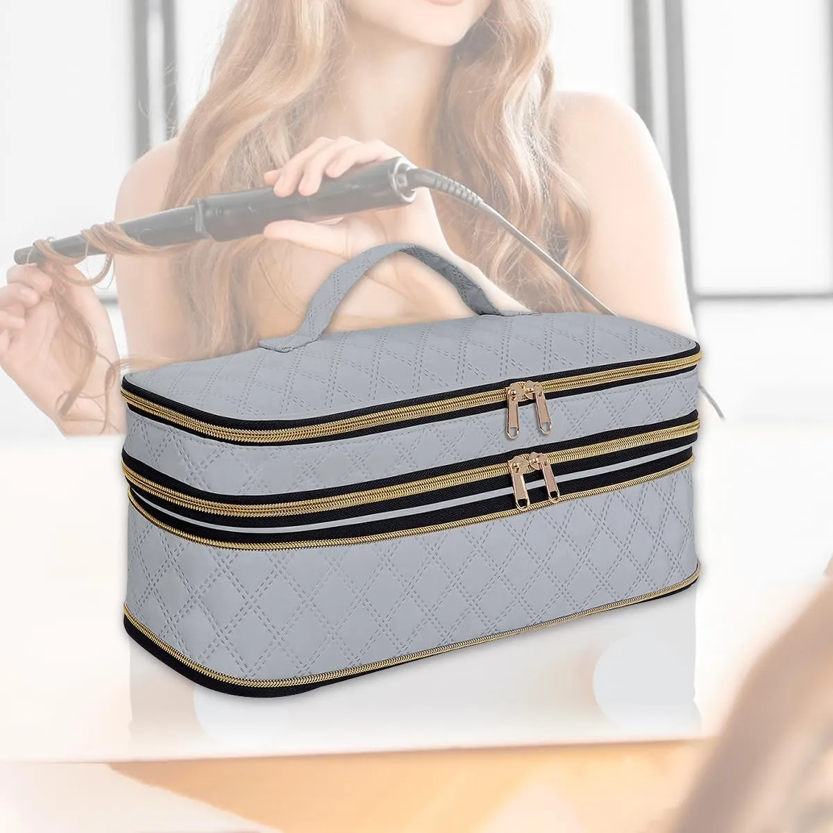 Hair Dryer Travel Carrying Case, Curling Iron Storage Bag, Slim Expandable Handheld Dual-Layer Travel Storage Bag for Dryer/Hair Tool Organizer/Style Organizer