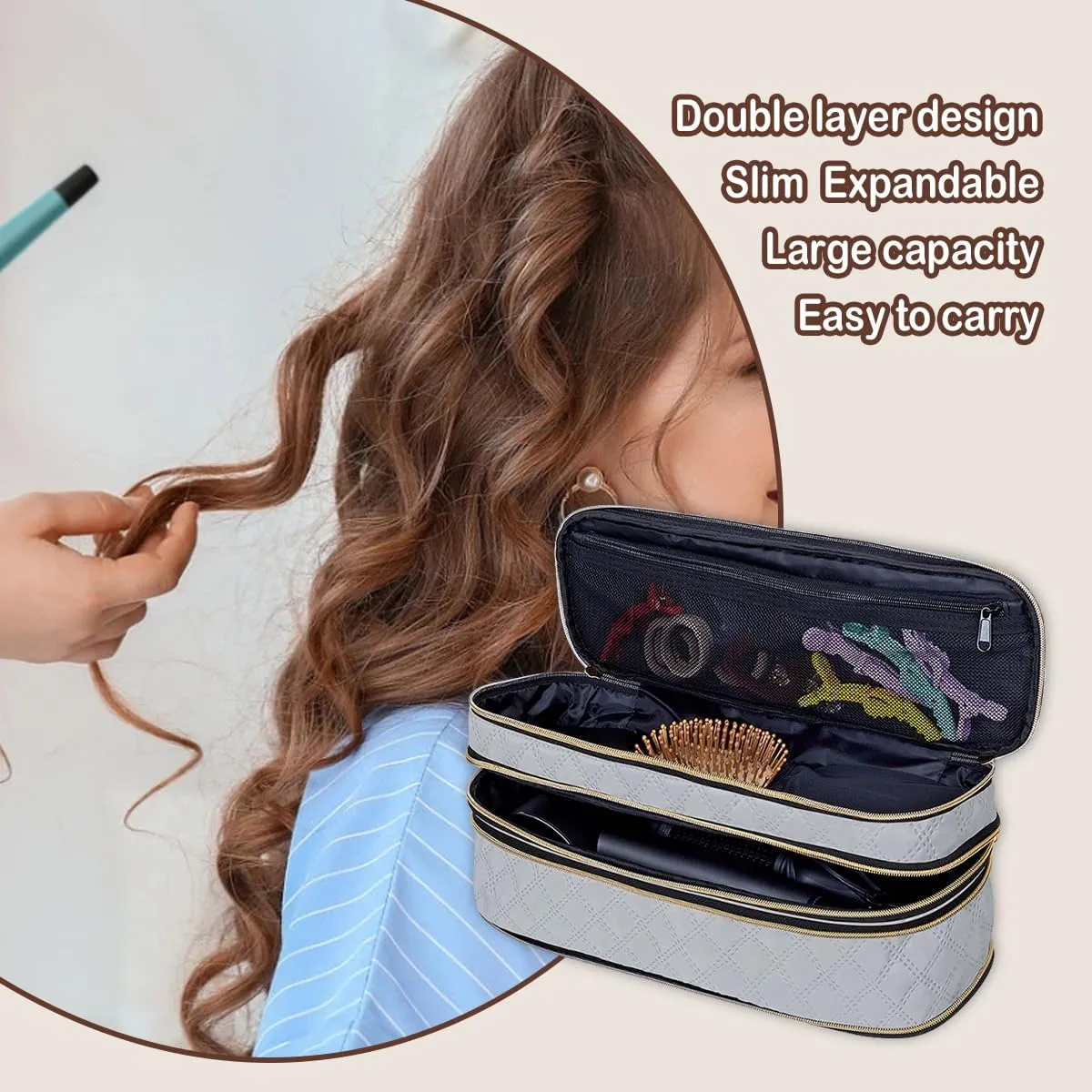 Hair Dryer Travel Carrying Case, Curling Iron Storage Bag, Slim Expandable Handheld Dual-Layer Travel Storage Bag for Dryer/Hair Tool Organizer/Style Organizer