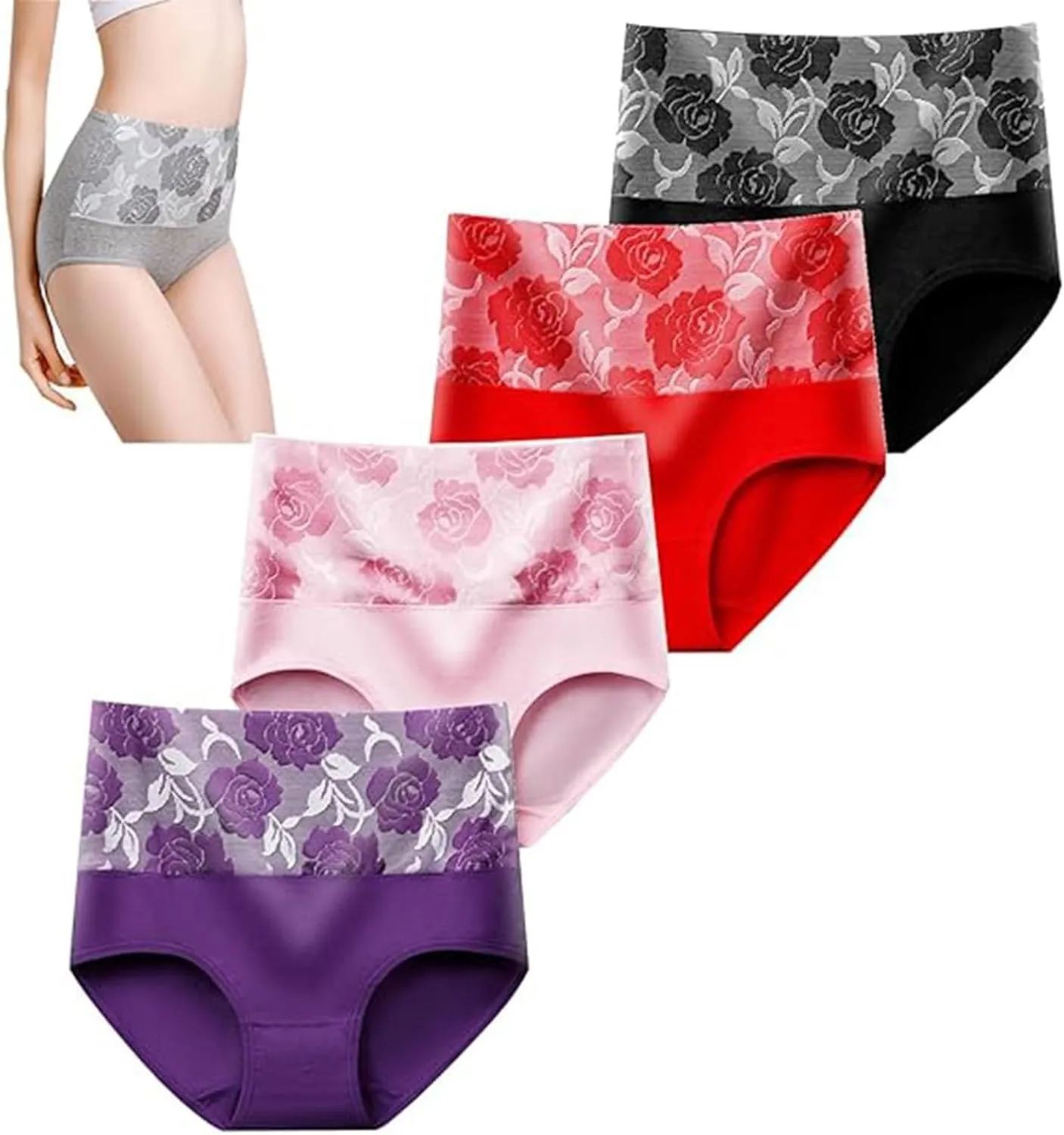 Heevina High Waisted Underwear For Women Flower Full Coverage Seamless Shaping Panty Tummy Control Soft Panties