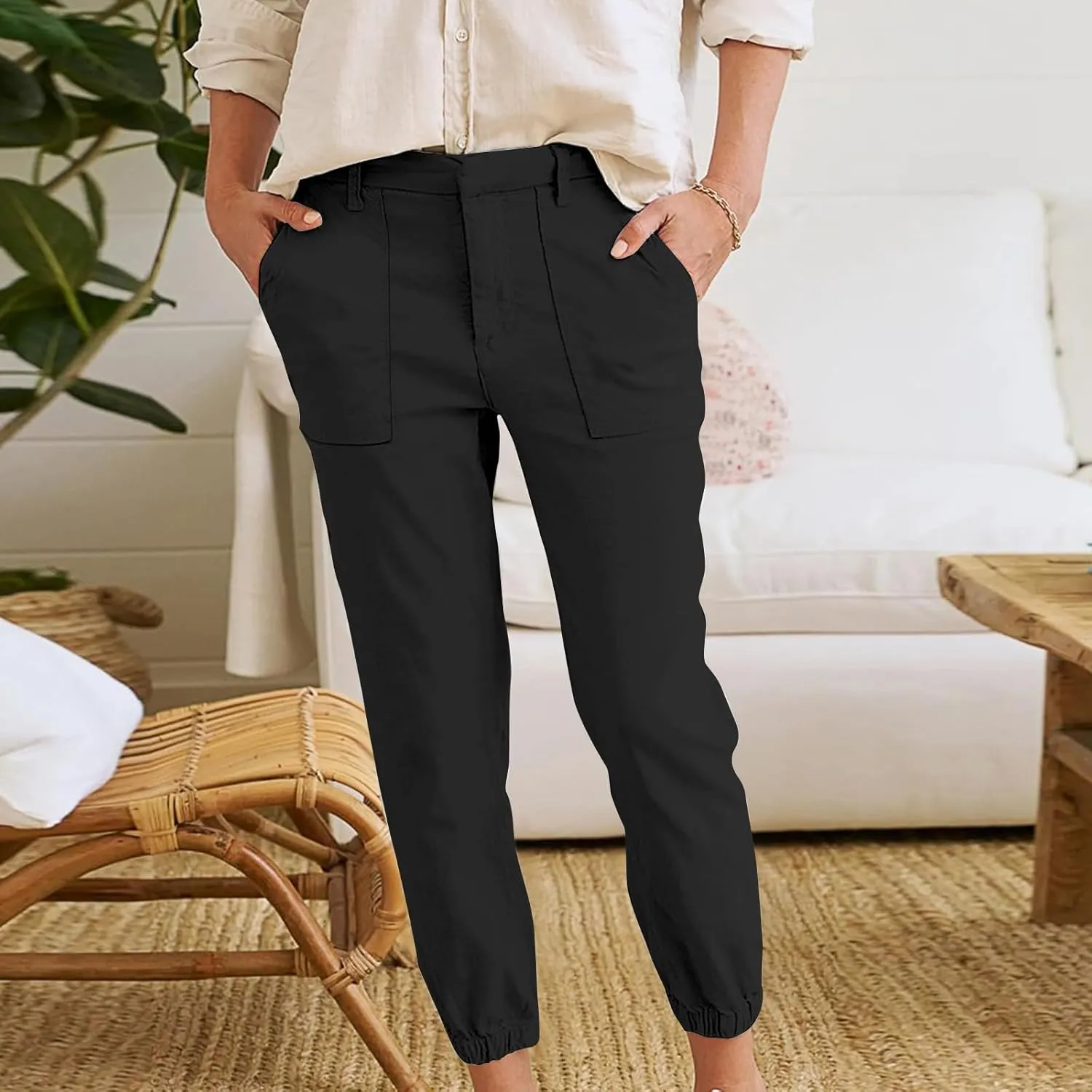 High Waisted Linen Pants for Women Casual Lounge Pants Lightweight Pants with Pockets Slim Fitting Pants Trousers