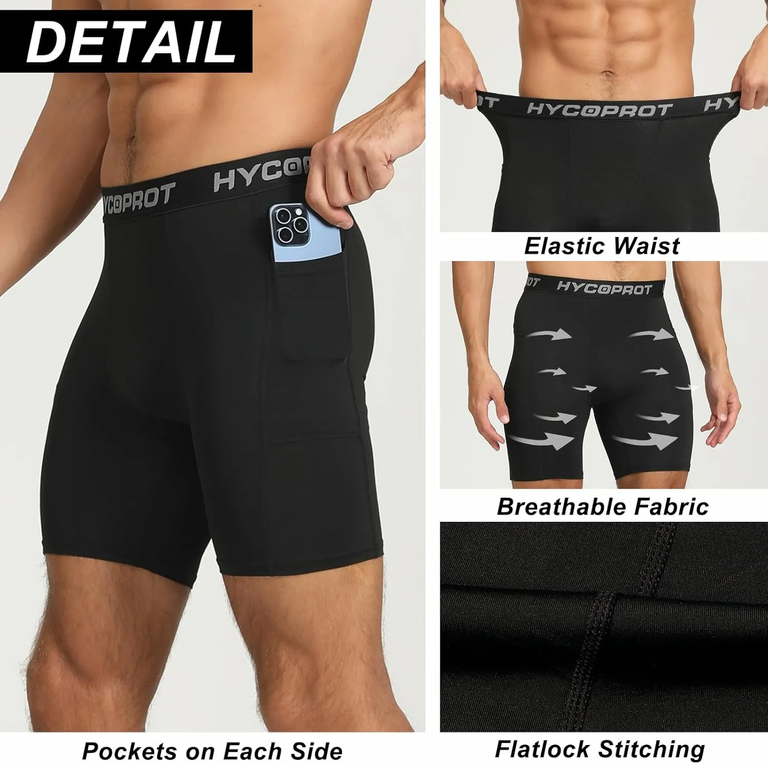 HYCOPROT Compression Shorts Men with Pocket Spandex Sports Tights Athletic Performance Baselayer Workout Running Underwear