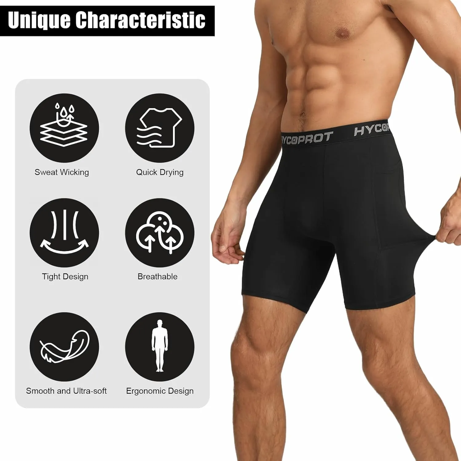 HYCOPROT Compression Shorts Men with Pocket Spandex Sports Tights Athletic Performance Baselayer Workout Running Underwear