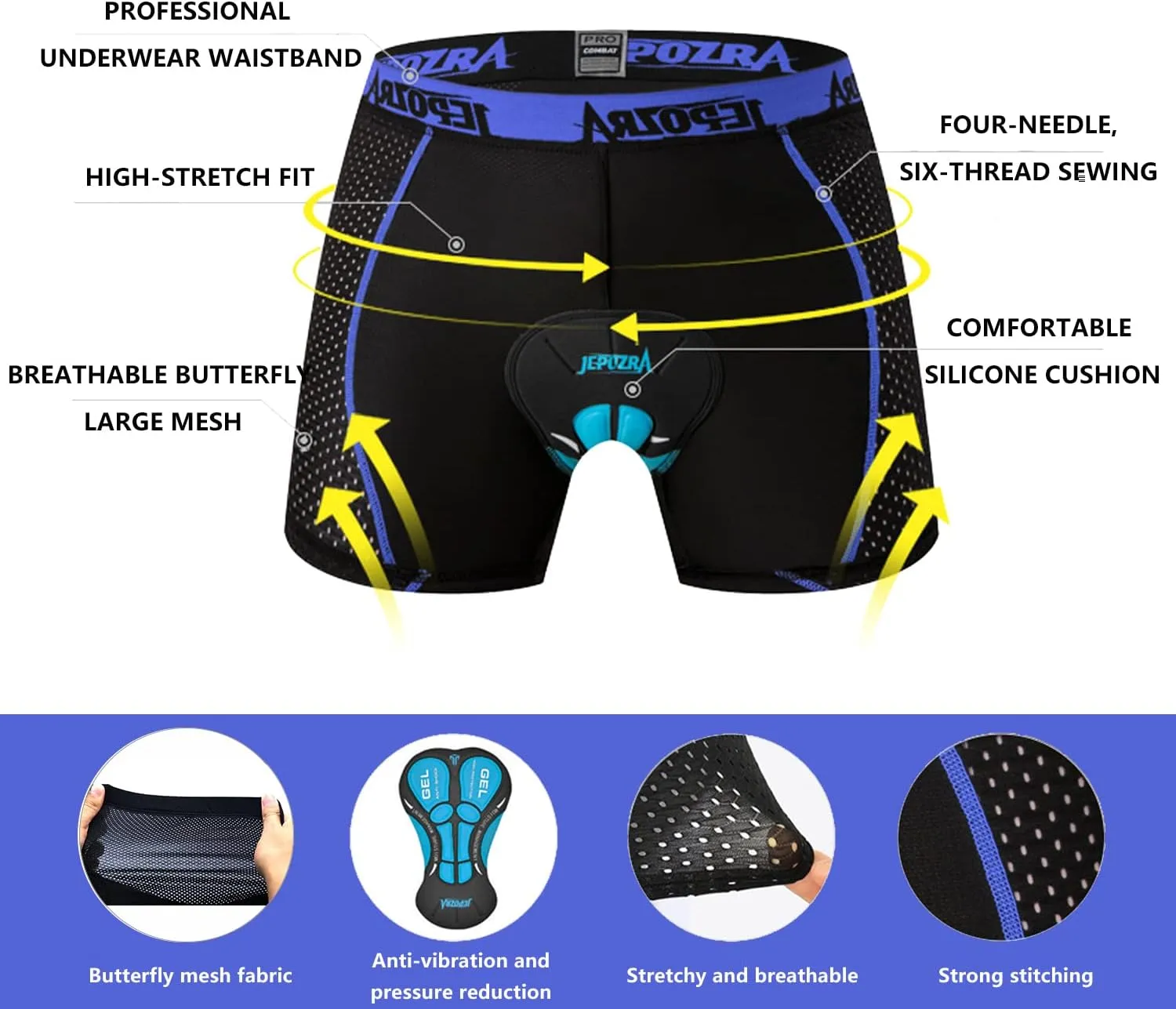 JEPOZRA Men's Cycling Underwear Shorts 3D Padded Bike Shorts Breathable Quick Dry Pants