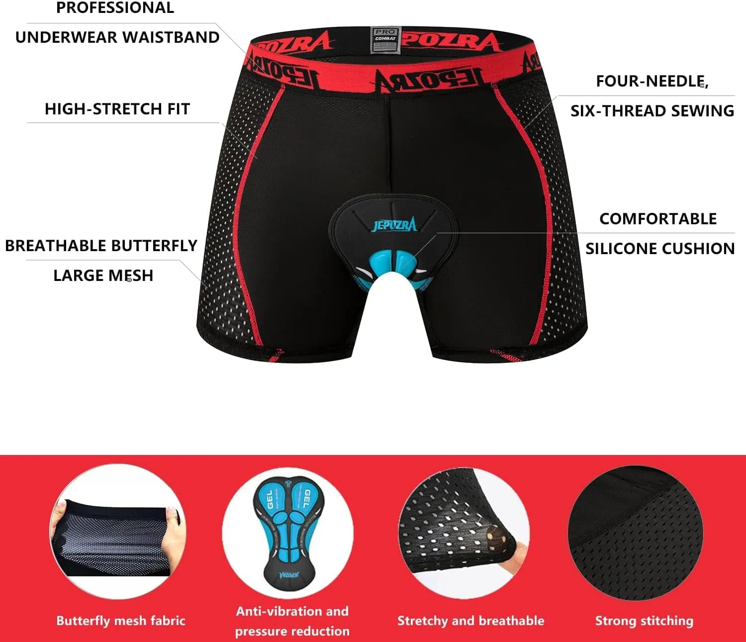 JEPOZRA Men's Cycling Underwear Shorts 3D Padded Bike Shorts Breathable Quick Dry Pants