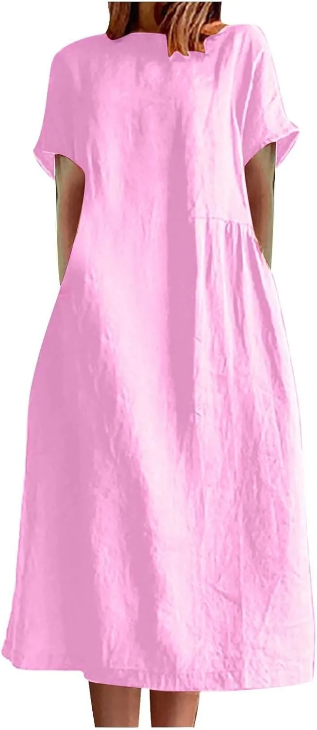 JOAU Women's Summer Cotton Linen Dress, Solid O-Neck Midi Dress with Pocket Short Sleevele Casual Loose Shift Dress