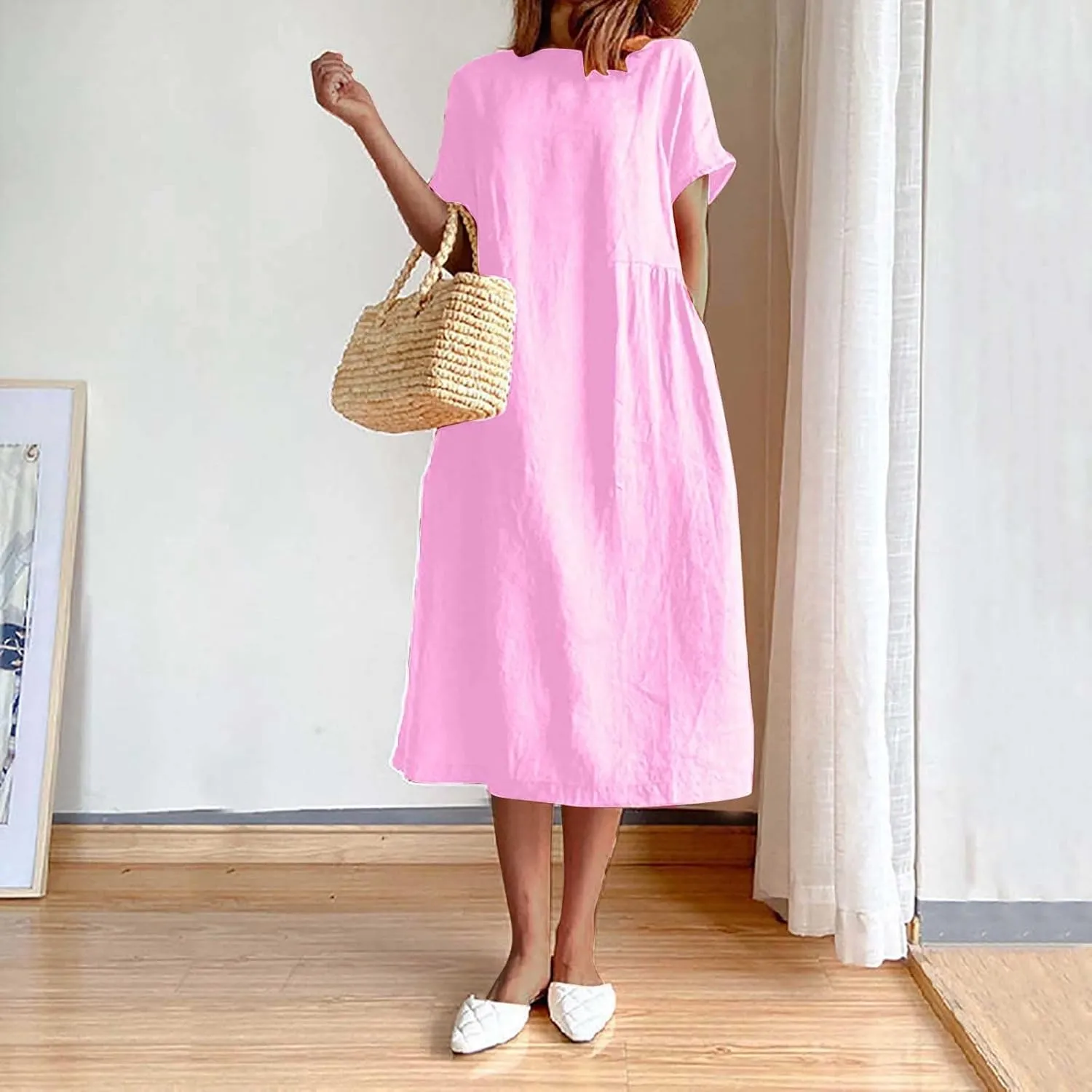JOAU Women's Summer Cotton Linen Dress, Solid O-Neck Midi Dress with Pocket Short Sleevele Casual Loose Shift Dress