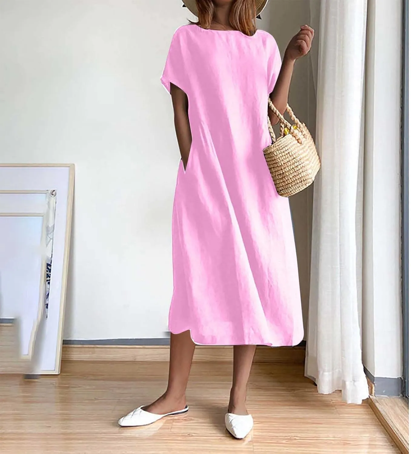JOAU Women's Summer Cotton Linen Dress, Solid O-Neck Midi Dress with Pocket Short Sleevele Casual Loose Shift Dress