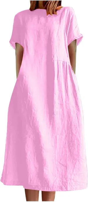 JOAU Women's Summer Cotton Linen Dress, Solid O-Neck Midi Dress with Pocket Short Sleevele Casual Loose Shift Dress