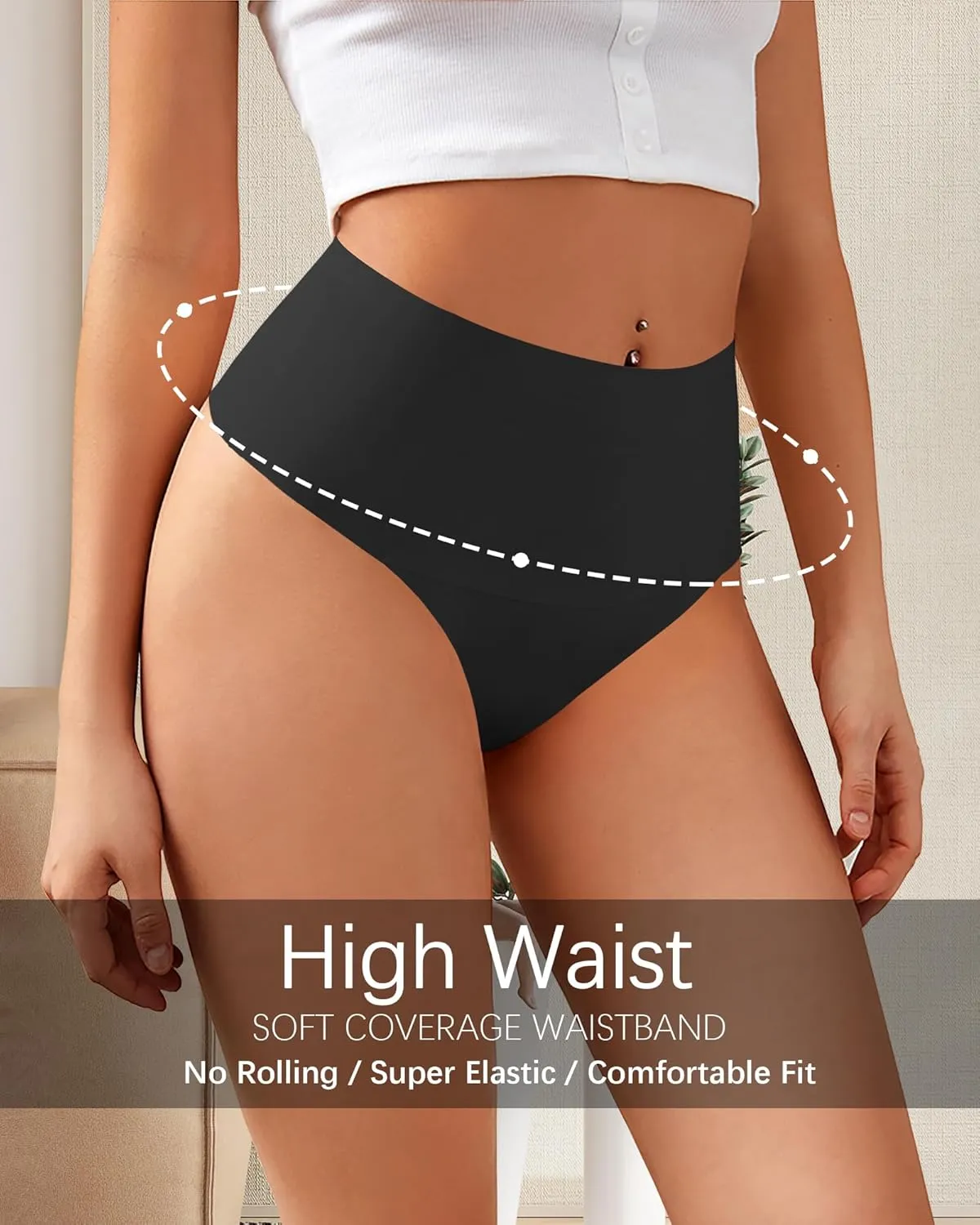 K-CHEONY Womens High Waisted Thongs No Show Panties Lightweight Soft Stretch High Cut Underwear 3 Pack