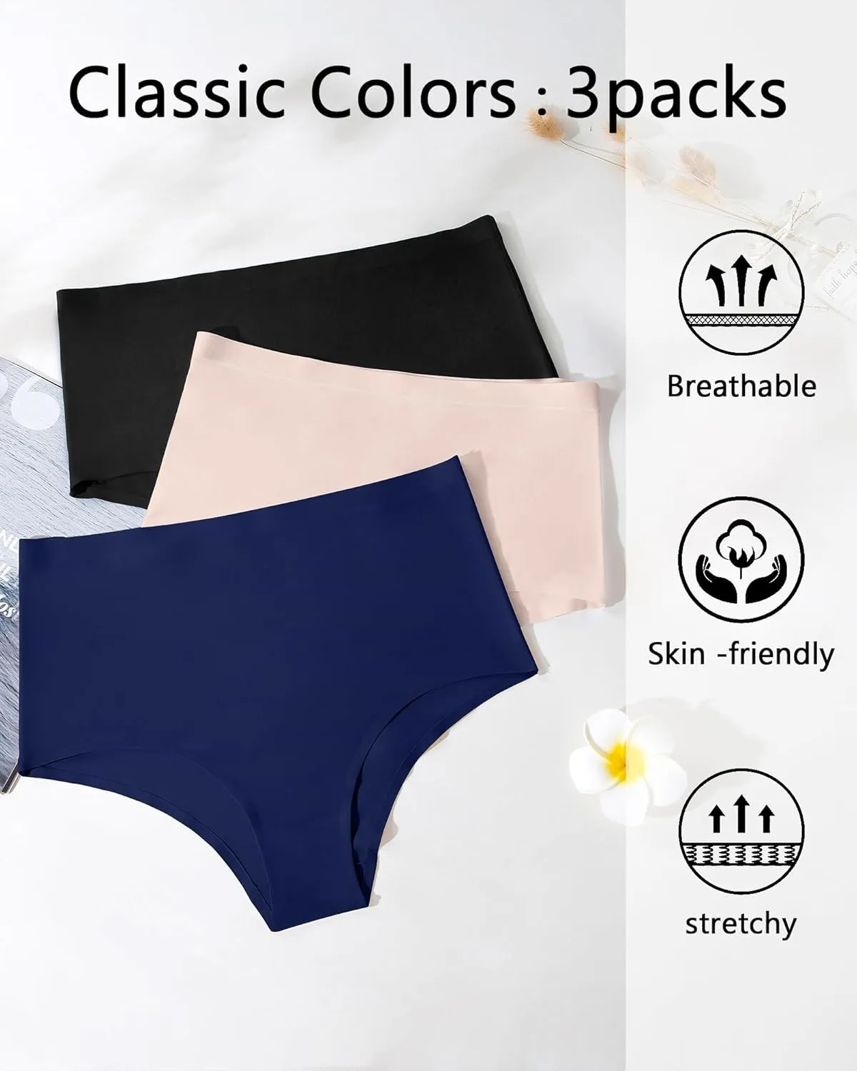 K-CHEONY Womens High Waisted Thongs No Show Panties Lightweight Soft Stretch High Cut Underwear 3 Pack
