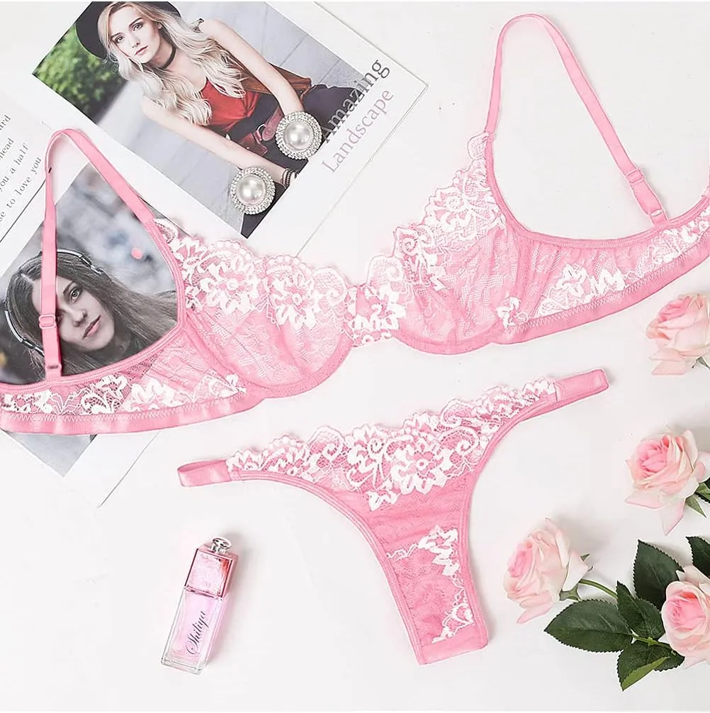 Kaei&Shi Sexy Bra And Panty Sets,Embroidered Two Piece Underwire Lingerie Set
