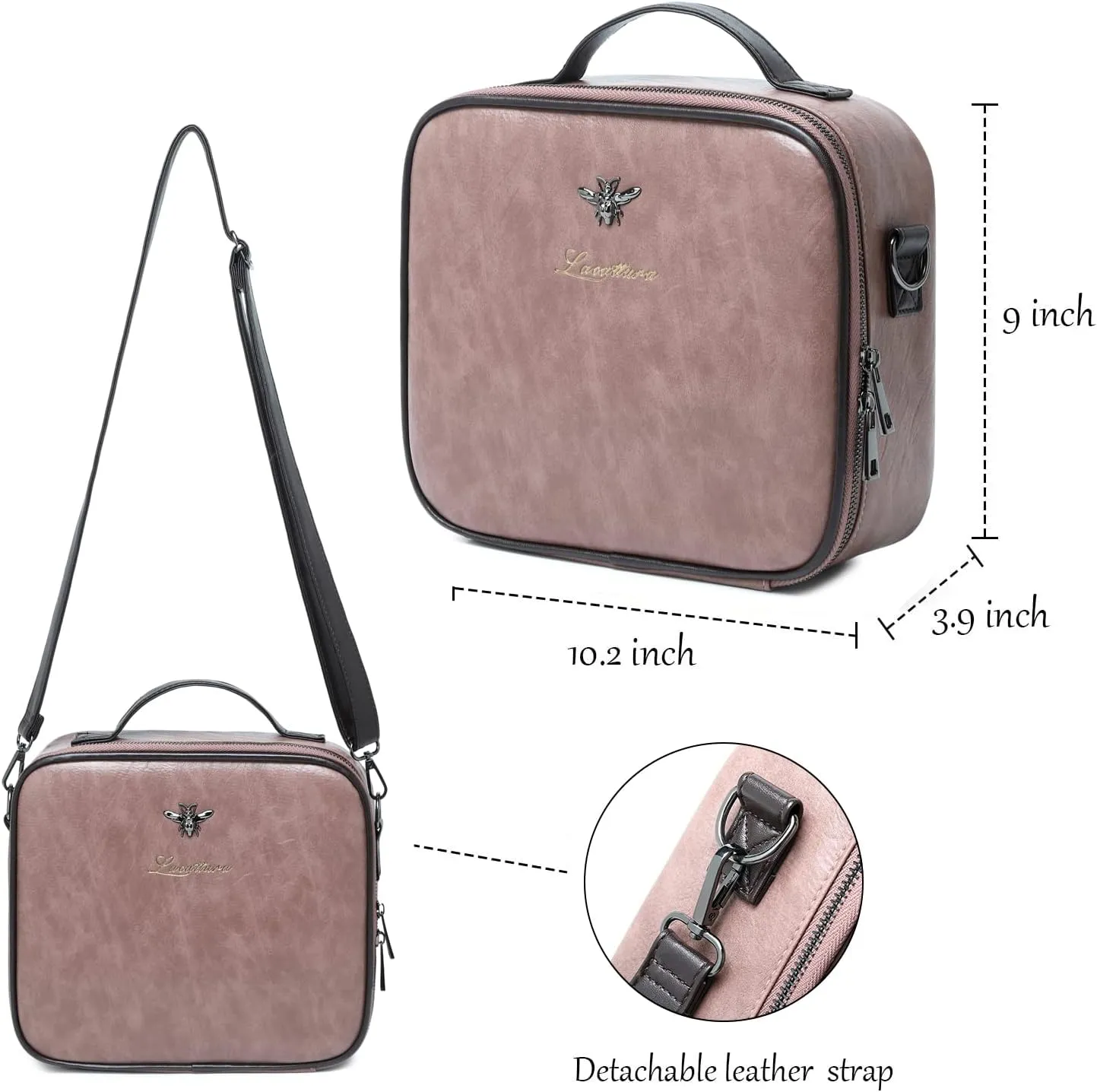 LACATTURA Travel Makeup bag, Leather Makeup Train Case Cosmetic Organizer for Makeup Brushes Toiletry Digital Accessories, Portable Artist Storage Bag With Shoulder Strap for Women lady Pink