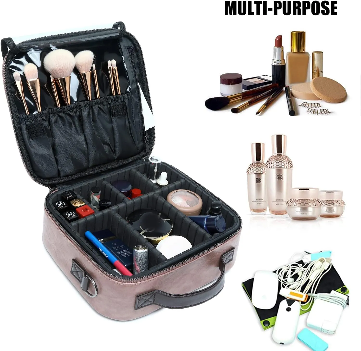 LACATTURA Travel Makeup bag, Leather Makeup Train Case Cosmetic Organizer for Makeup Brushes Toiletry Digital Accessories, Portable Artist Storage Bag With Shoulder Strap for Women lady Pink