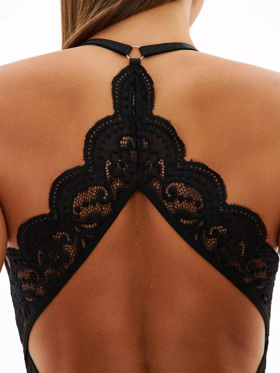 Lace Bodysuit with Plunging Neckline Backless Thong Lingerie for Women