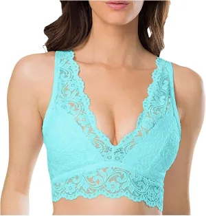 Lace Bralette for Women Deep V Wirefree Plunge Bra Soft Padded Bralette Bra Comfortable Mesh Padded Soft Crop Top