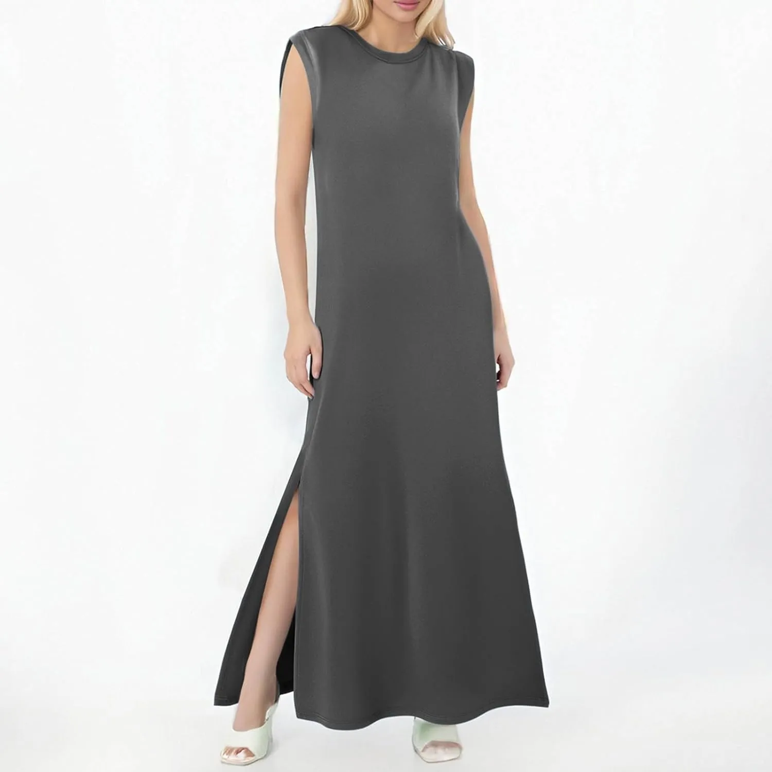 Ladies Casual Dresses for Women 2025 Petite Wrinkle-Free Cap Sleeveless Crew Neck Slit Maxi Dresses Beachy Outfits for Women