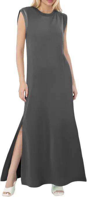 Ladies Casual Dresses for Women 2025 Petite Wrinkle-Free Cap Sleeveless Crew Neck Slit Maxi Dresses Beachy Outfits for Women