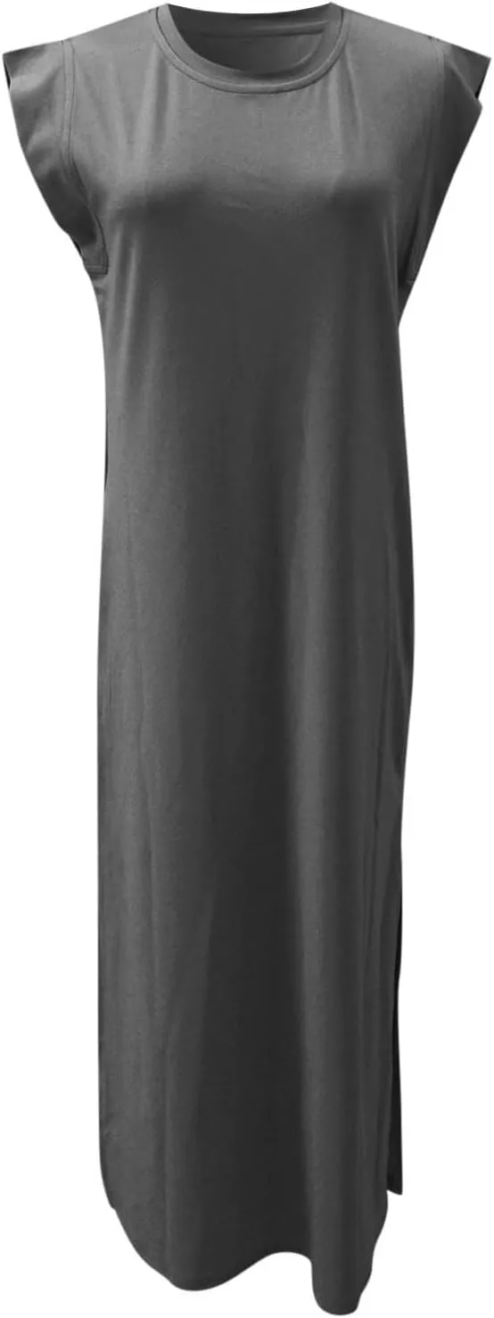 Ladies Casual Dresses for Women 2025 Petite Wrinkle-Free Cap Sleeveless Crew Neck Slit Maxi Dresses Beachy Outfits for Women