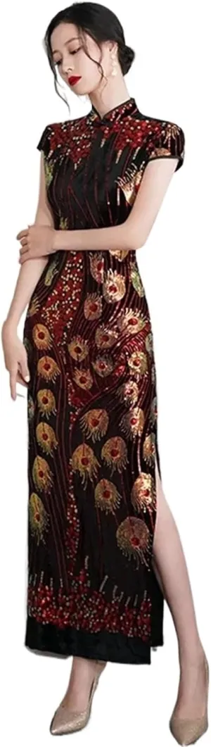 Lady Sequins Qipao Sexy Cheongsam Classic Mandarin Collar Chinese Dress Velvet Evening Party Vestidos Chinese Cheongsam