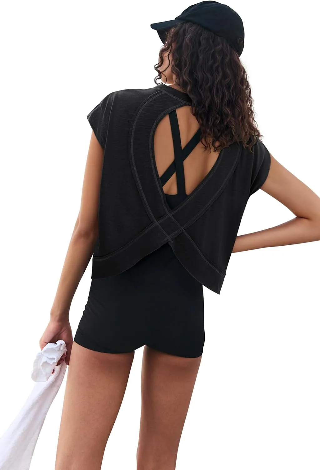 LASLULU Womens Open Back Workout Tops Backless Athletic Shirt Sleeveless Oversized Wrap Crop Tank Tops Running Gym Yoga Tee