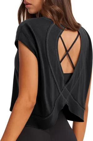 LASLULU Womens Open Back Workout Tops Backless Athletic Shirt Sleeveless Oversized Wrap Crop Tank Tops Running Gym Yoga Tee