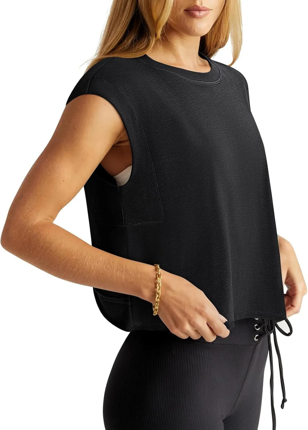 LASLULU Womens Open Back Workout Tops Backless Athletic Shirt Sleeveless Oversized Wrap Crop Tank Tops Running Gym Yoga Tee