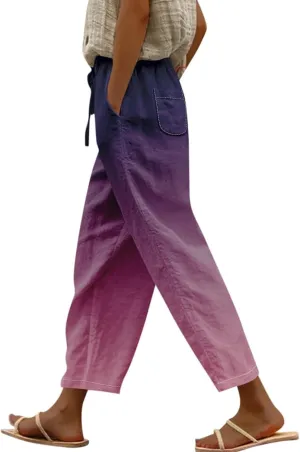 LCMTWX Petite Linen Pants Waist Pants Drawstring Capri Pants with Pockets Wide Leg Cropped Pants for Women Linen Pant