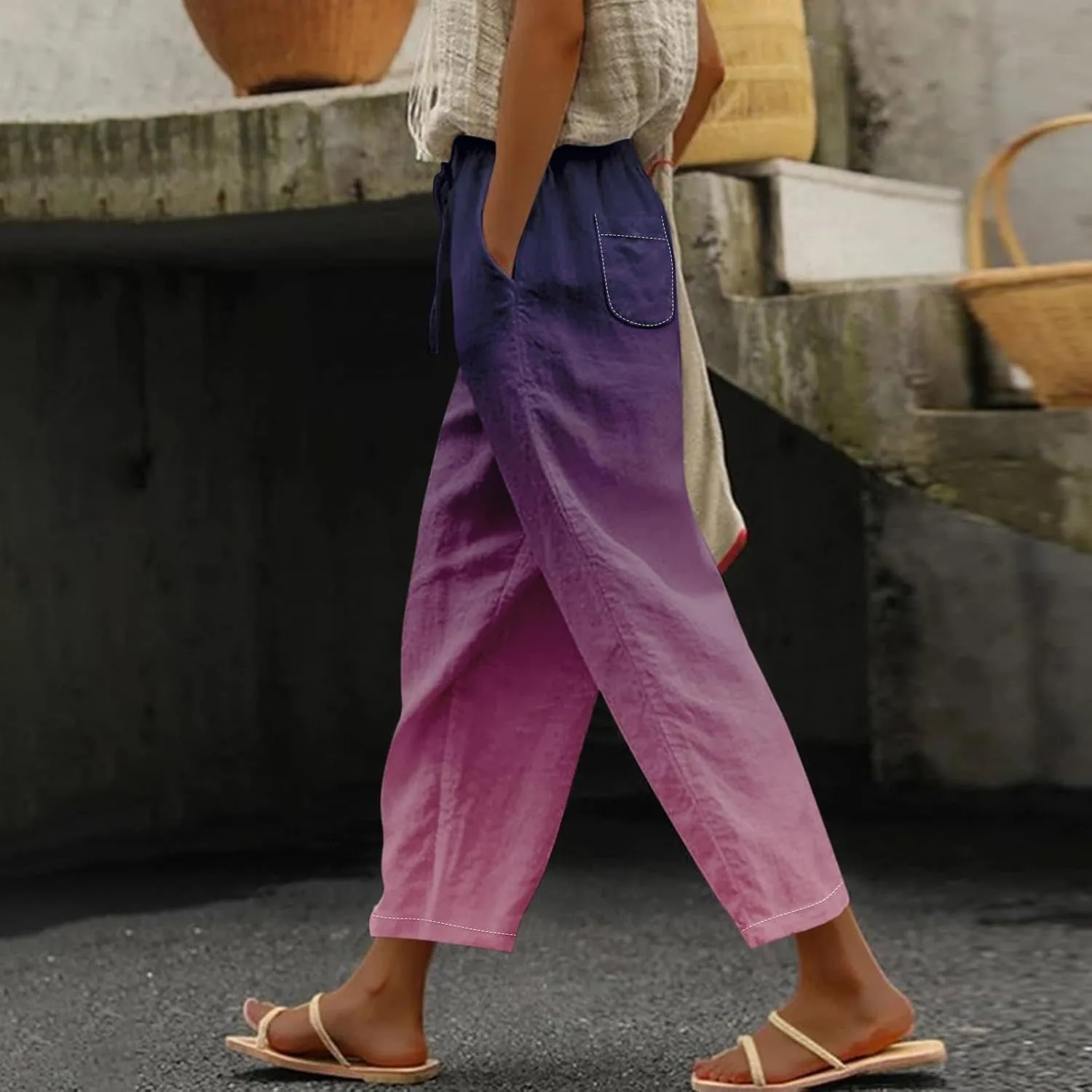 LCMTWX Petite Linen Pants Waist Pants Drawstring Capri Pants with Pockets Wide Leg Cropped Pants for Women Linen Pant