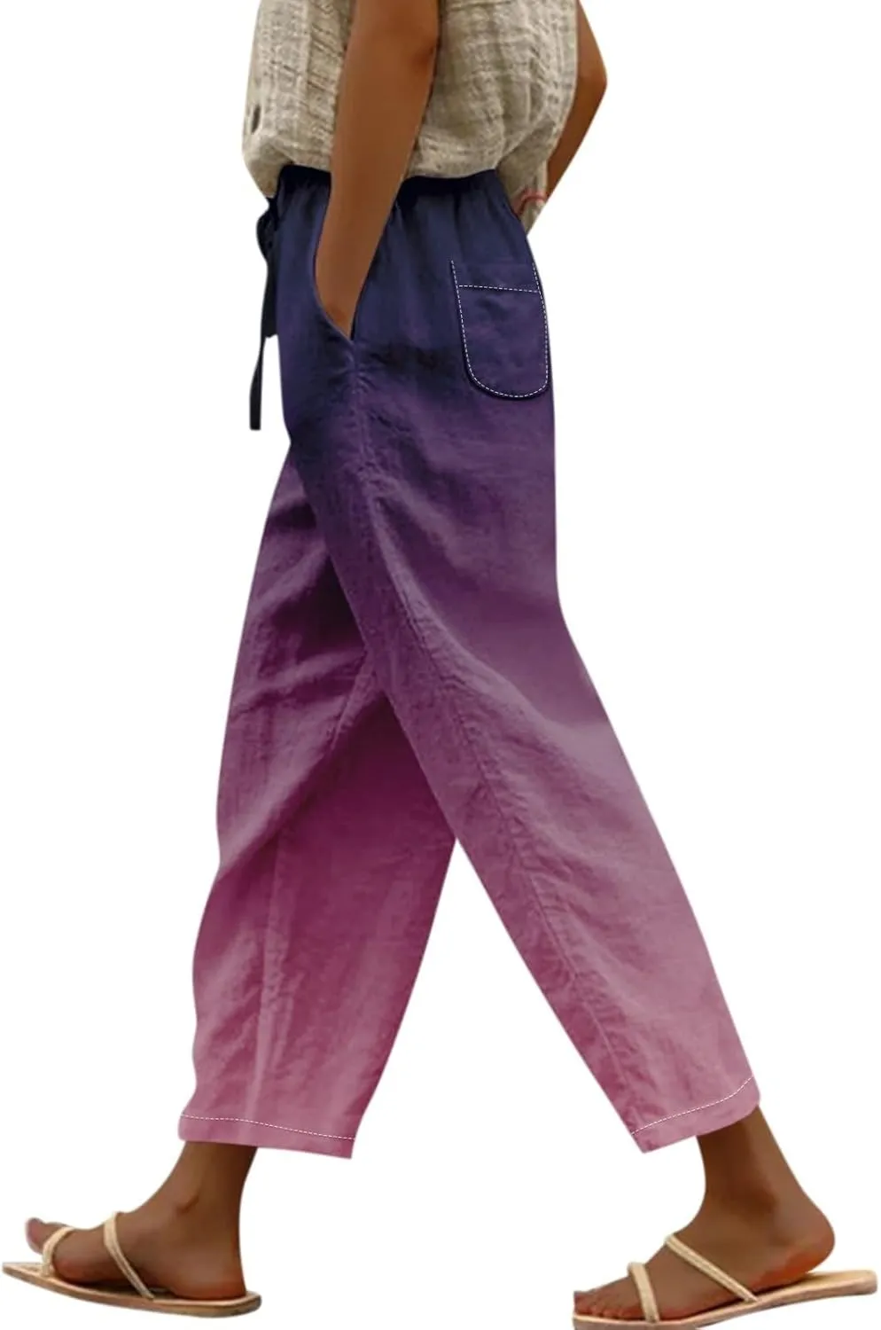 LCMTWX Petite Linen Pants Waist Pants Drawstring Capri Pants with Pockets Wide Leg Cropped Pants for Women Linen Pant