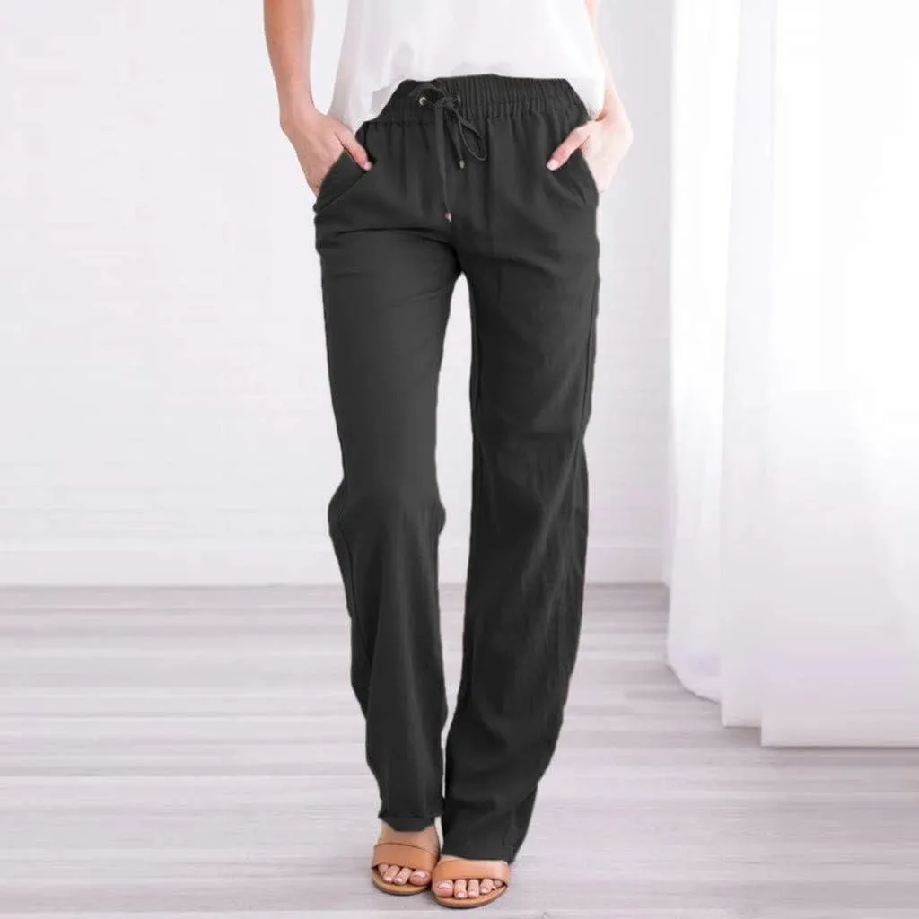 LCMTWX Women's Linen Pants Elastic Pants Long Drawstring Women Waist Cotton Casual Pants with Pockets Wide Leg Linen Pants