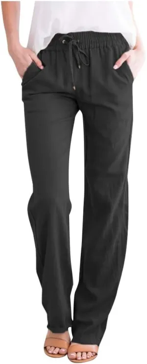 LCMTWX Women's Linen Pants Elastic Pants Long Drawstring Women Waist Cotton Casual Pants with Pockets Wide Leg Linen Pants