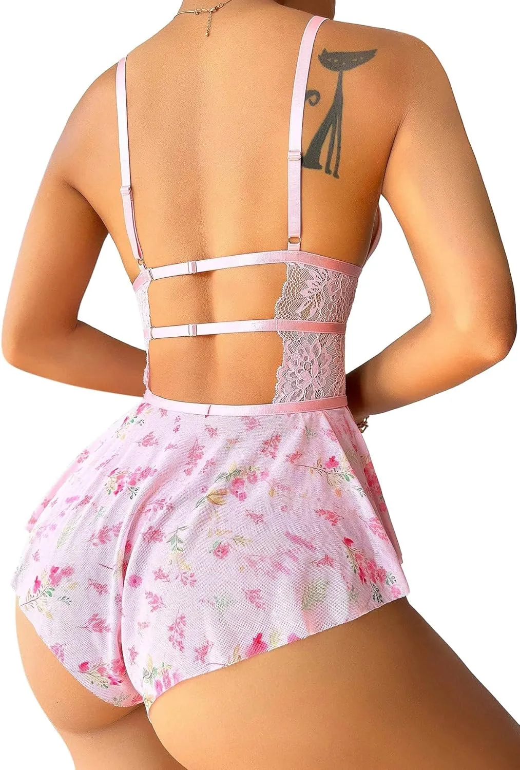 Lilosy Sexy Bows Floral Lace Mesh Babydoll Lingerie Romper