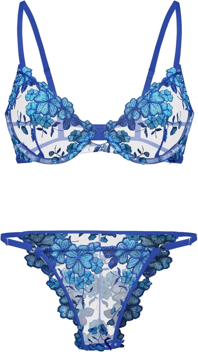 Lilosy Sexy Floral Embroidered Mesh Sheer Underwire Lingerie Set
