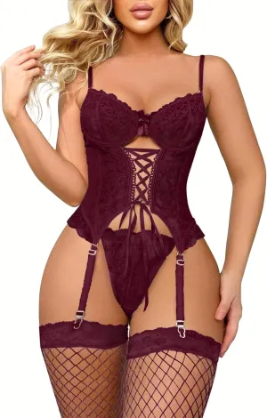 Lilosy Sexy Floral Lace Up Corset Garter Lingerie Set