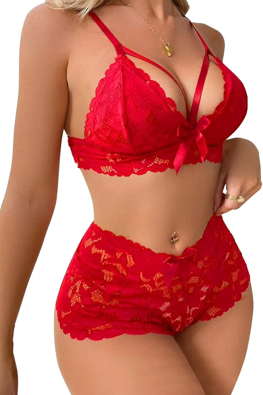Lilosy Sexy Strappy High Waist Floral Lace Pajamas Lingerie Set Outfits