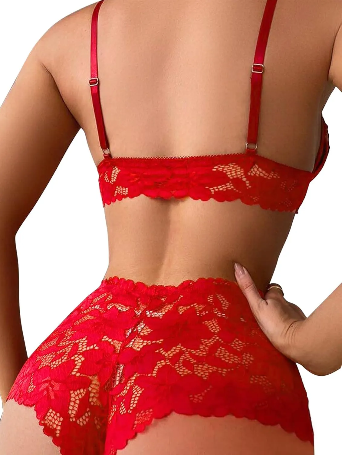 Lilosy Sexy Strappy High Waist Floral Lace Pajamas Lingerie Set Outfits