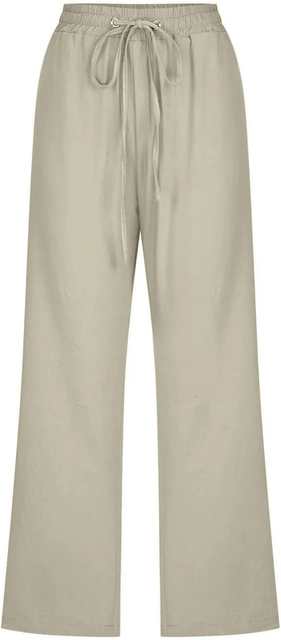 Linen Capri Pants for Women High Waisted Beach Pants Pull on Summer Pants Drawstring Loose Casual Pants with Pockets