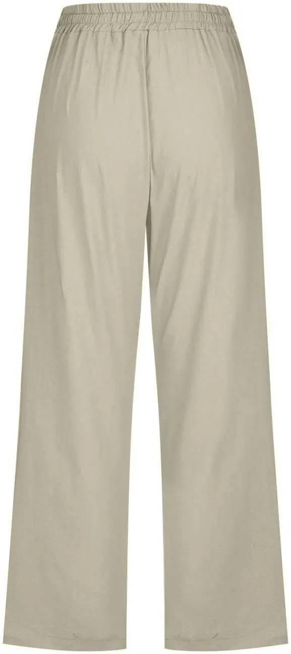Linen Capri Pants for Women High Waisted Beach Pants Pull on Summer Pants Drawstring Loose Casual Pants with Pockets